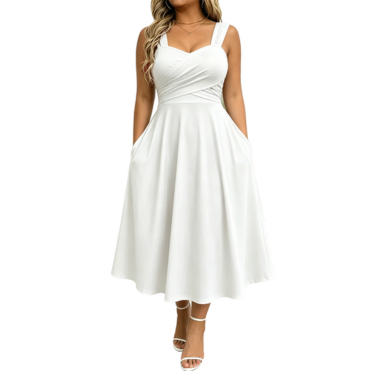 👗 Robe Midi Femme Bretelles Large Col en V Croisé – Coupe Évasée avec Poches🌿pour sorties et bureau décontracté