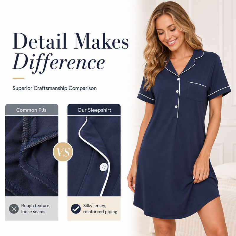 ☁️ Chemise de nuit ample à manches courtes — Tissu extensible ultra-doux | Respirante | Ne serre jamais et ne gêne pas les mouvements