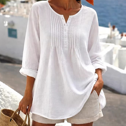 🔥-40%👚 Blouse Femme Manches Longues – Col Henley, Plis Texturés et Coupe Ample Décontractée🌿 style chic pour travail et ville