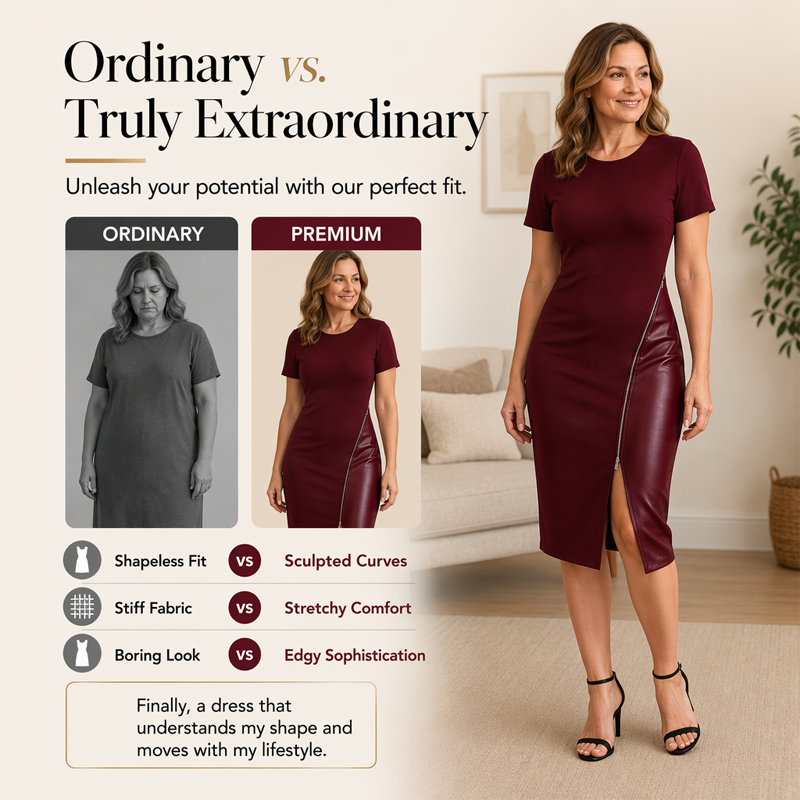 👗 Robe Midi Femme Patchwork Similicuir – Col Rond, Manches Courtes et Fente Latérale