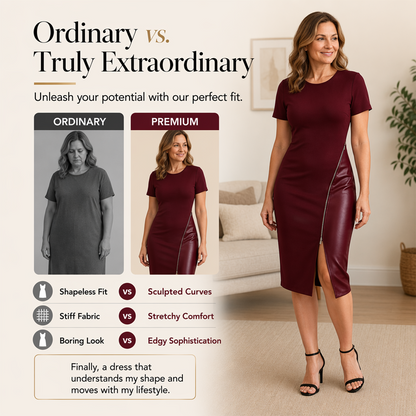 👗 Robe Midi Femme Patchwork Similicuir – Col Rond, Manches Courtes et Fente Latérale