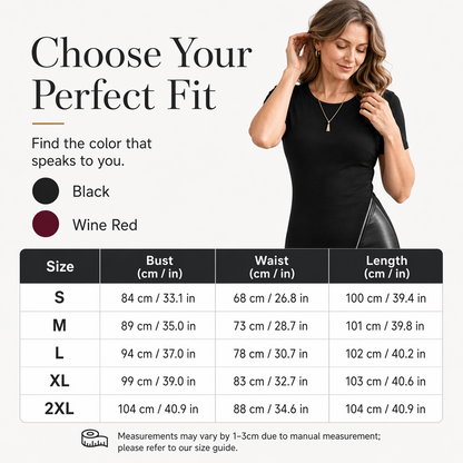 👗 Robe Midi Femme Patchwork Similicuir – Col Rond, Manches Courtes et Fente Latérale