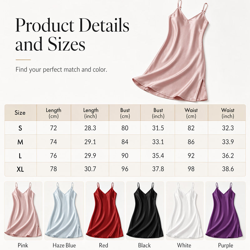 👗 Chemise de Nuit Femme en Satin Unie – Bretelles Fines, Col en V et Fentes Latérales🍃 Robe de sommeil coupe loose sans serrement, plusieurs couleurs unies