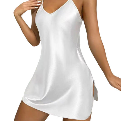 👗 Chemise de Nuit Femme en Satin Unie – Bretelles Fines, Col en V et Fentes Latérales🍃 Robe de sommeil coupe loose sans serrement, plusieurs couleurs unies