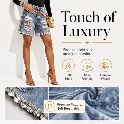 🩳 Short Jean Femme Taille Haute – Effiloché, Déchiré, Strass et Ceinture Incluse🍃 Short jean femme été, facile à associer avec tee-shirt, blouse ou top