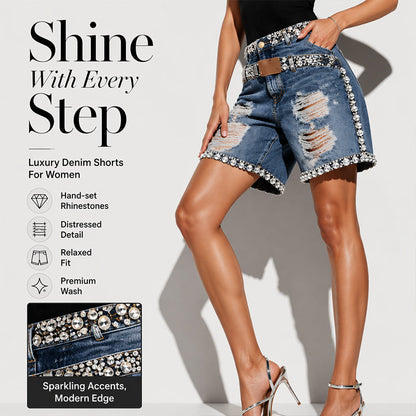 🩳 Short Jean Femme Taille Haute – Effiloché, Déchiré, Strass et Ceinture Incluse🍃 Short jean femme été, facile à associer avec tee-shirt, blouse ou top