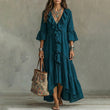 Robe Longue Rétro Femme à Volants, Col en V et Manches Cloches, Coupe Fluide Bohème🤍 Robe longue fluide style rétro 🍃pour allure romantique🔥-40%