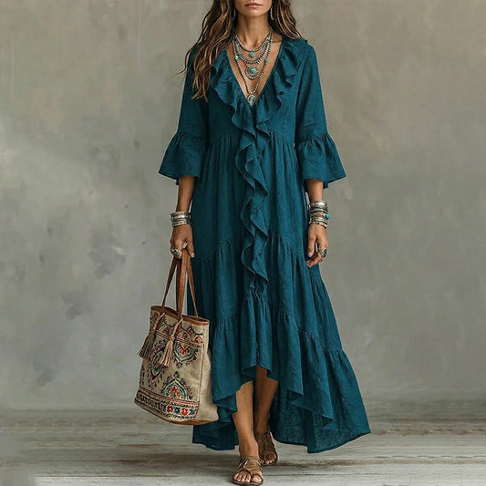 Robe Longue Rétro Femme à Volants, Col en V et Manches Cloches, Coupe Fluide Bohème🤍 Robe longue fluide style rétro 🍃pour allure romantique🔥-40%