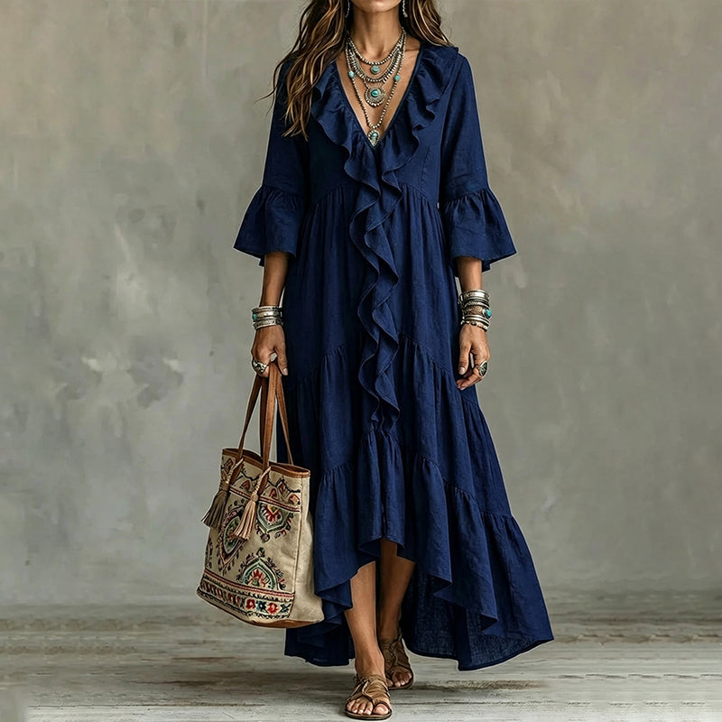 Robe Longue Rétro Femme à Volants, Col en V et Manches Cloches, Coupe Fluide Bohème🤍 Robe longue fluide style rétro 🍃pour allure romantique🔥-40%