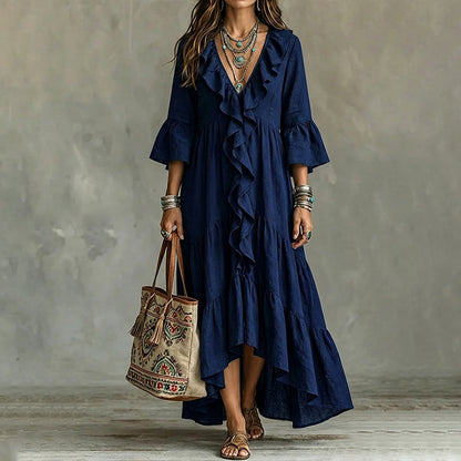 Robe Longue Rétro Femme à Volants, Col en V et Manches Cloches, Coupe Fluide Bohème🤍 Robe longue fluide style rétro 🍃pour allure romantique🔥-40%