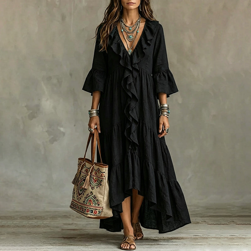 Robe Longue Rétro Femme à Volants, Col en V et Manches Cloches, Coupe Fluide Bohème🤍 Robe longue fluide style rétro 🍃pour allure romantique🔥-40%