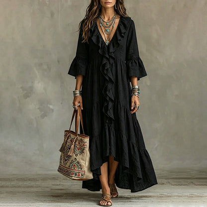 Robe Longue Rétro Femme à Volants, Col en V et Manches Cloches, Coupe Fluide Bohème🤍 Robe longue fluide style rétro 🍃pour allure romantique🔥-40%