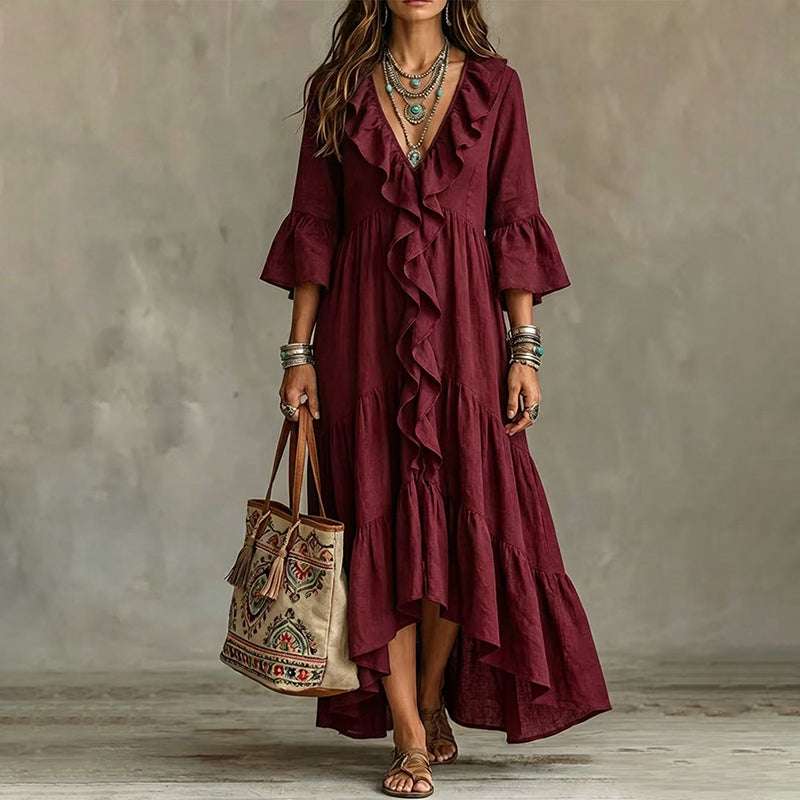 Robe Longue Rétro Femme à Volants, Col en V et Manches Cloches, Coupe Fluide Bohème🤍 Robe longue fluide style rétro 🍃pour allure romantique🔥-40%