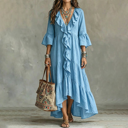 Robe Longue Rétro Femme à Volants, Col en V et Manches Cloches, Coupe Fluide Bohème🤍 Robe longue fluide style rétro 🍃pour allure romantique🔥-40%