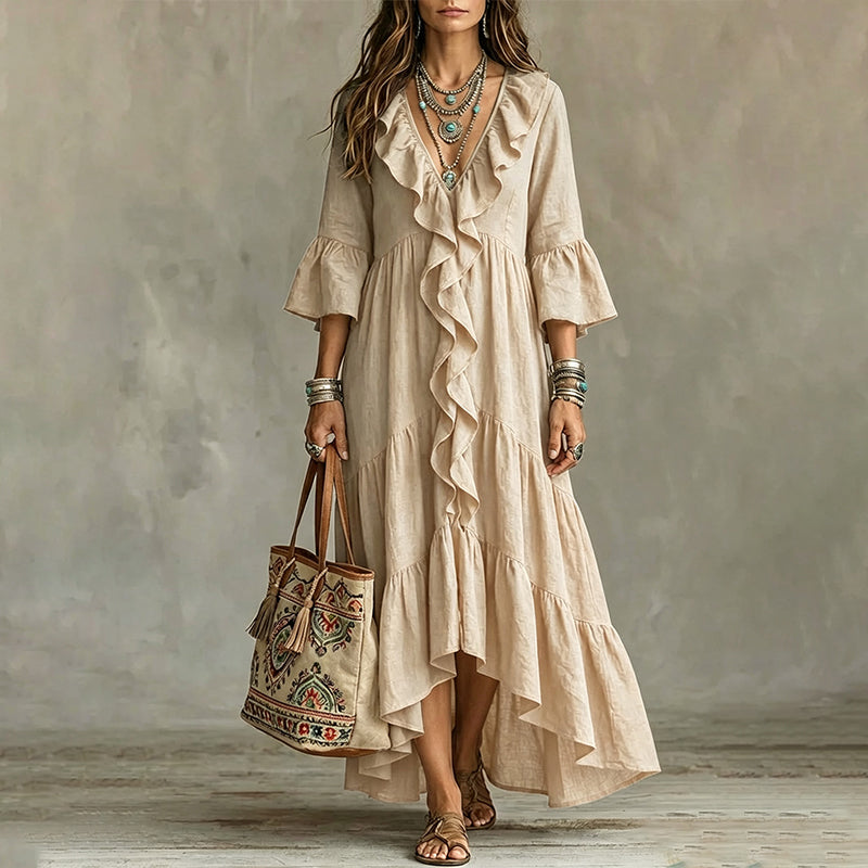 Robe Longue Rétro Femme à Volants, Col en V et Manches Cloches, Coupe Fluide Bohème🤍 Robe longue fluide style rétro 🍃pour allure romantique🔥-40%