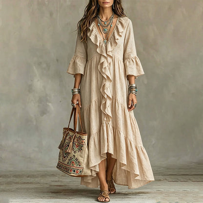 Robe Longue Rétro Femme à Volants, Col en V et Manches Cloches, Coupe Fluide Bohème🤍 Robe longue fluide style rétro 🍃pour allure romantique🔥-40%