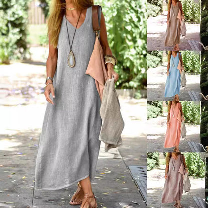 👗 Longue Robe d’Été Femme Unie – Col en V, Manches Courtes, Coupe Ample et Grande Taille🌿 plage et ville en toute légèreté