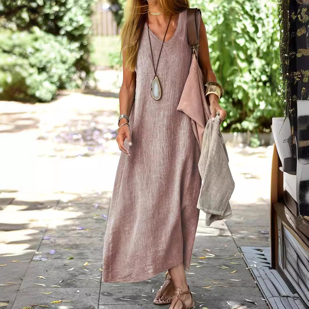 👗 Longue Robe d’Été Femme Unie – Col en V, Manches Courtes, Coupe Ample et Grande Taille🌿 plage et ville en toute légèreté