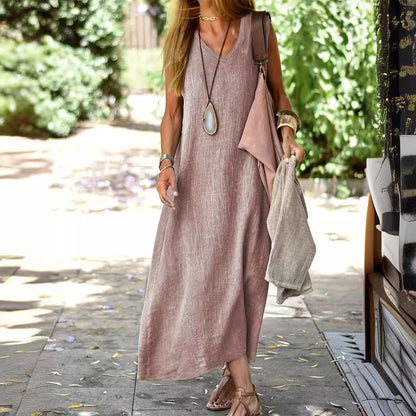 👗 Longue Robe d’Été Femme Unie – Col en V, Manches Courtes, Coupe Ample et Grande Taille🌿 plage et ville en toute légèreté