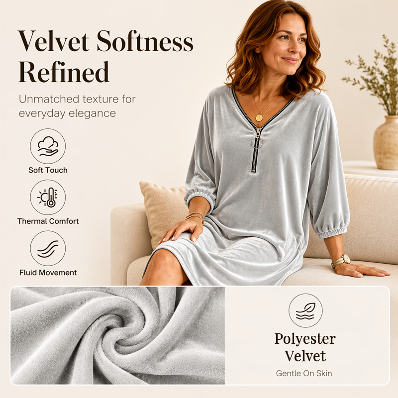 Robe zippée à manches courtes et col V pour femme – Coupe ample et confortable, idéale au quotidien 🍃 Matière polaire, parfaite pour la mi-saison et flatteuse pour toutes les morphologies