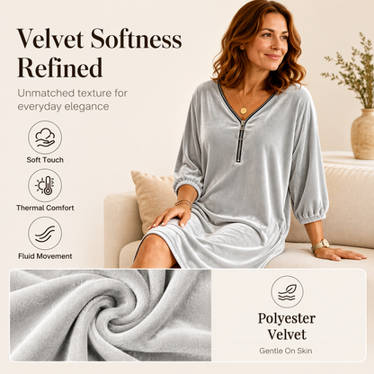 Robe zippée à manches courtes et col V pour femme – Coupe ample et confortable, idéale au quotidien 🍃 Matière polaire, parfaite pour la mi-saison et flatteuse pour toutes les morphologies