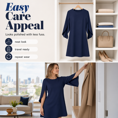 👗Robe courte femme élégante col rond, manches cape fendues fluides, coupe droite unie pour cocktail et bureau🍃 Robe décontractée coupe confortable, disponible en grande taille pour toutes silhouettes🔥-50%