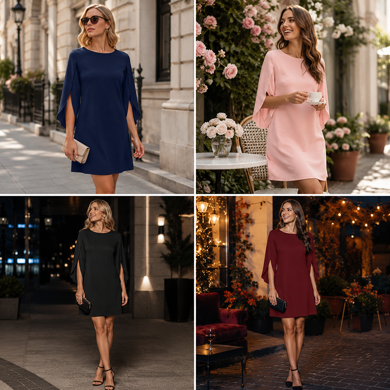 👗Robe courte femme élégante col rond, manches cape fendues fluides, coupe droite unie pour cocktail et bureau🍃 Robe décontractée coupe confortable, disponible en grande taille pour toutes silhouettes🔥-50%
