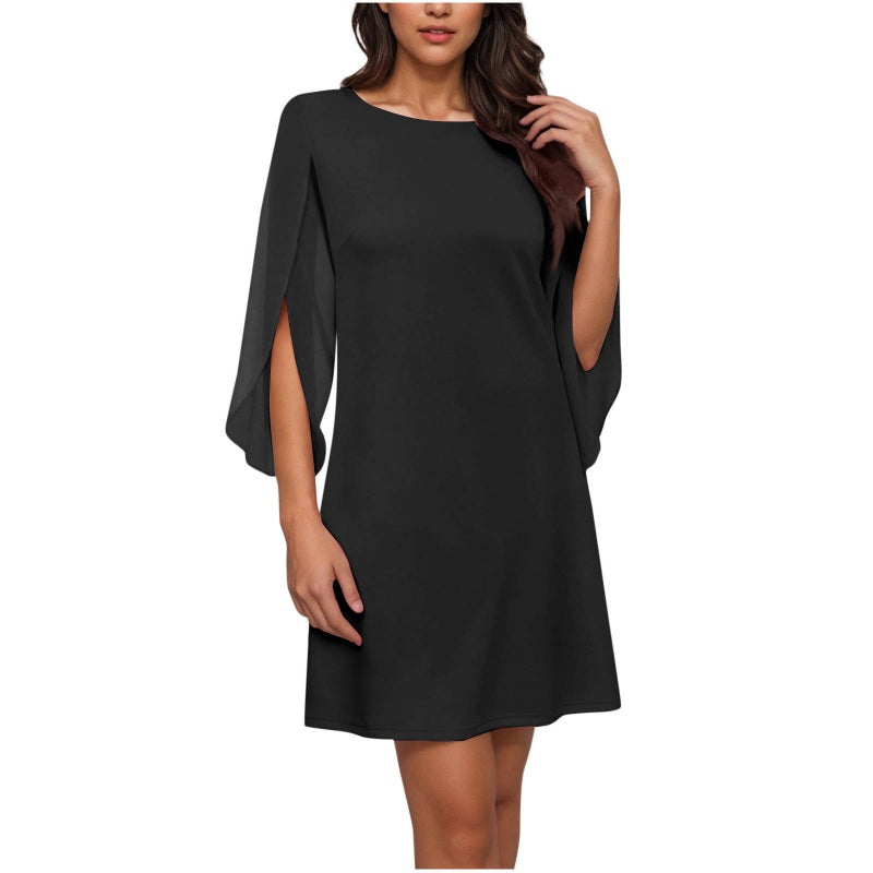 👗Robe courte femme élégante col rond, manches cape fendues fluides, coupe droite unie pour cocktail et bureau🍃 Robe décontractée coupe confortable, disponible en grande taille pour toutes silhouettes🔥-50%