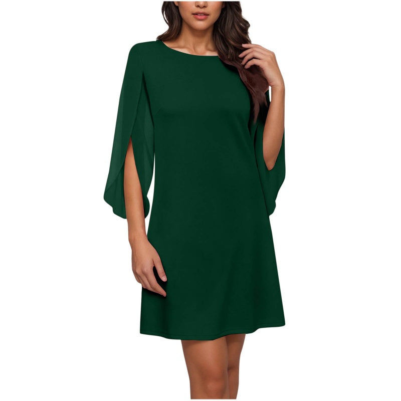 👗Robe courte femme élégante col rond, manches cape fendues fluides, coupe droite unie pour cocktail et bureau🍃 Robe décontractée coupe confortable, disponible en grande taille pour toutes silhouettes🔥-50%