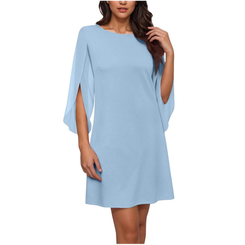 👗Robe courte femme élégante col rond, manches cape fendues fluides, coupe droite unie pour cocktail et bureau🍃 Robe décontractée coupe confortable, disponible en grande taille pour toutes silhouettes🔥-50%