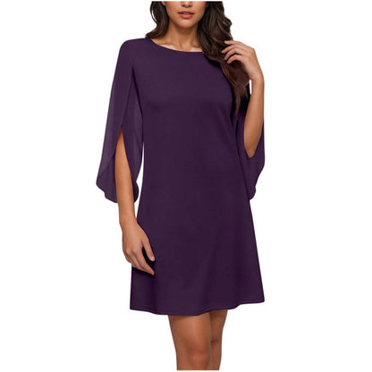 👗Robe courte femme élégante col rond, manches cape fendues fluides, coupe droite unie pour cocktail et bureau🍃 Robe décontractée coupe confortable, disponible en grande taille pour toutes silhouettes🔥-50%