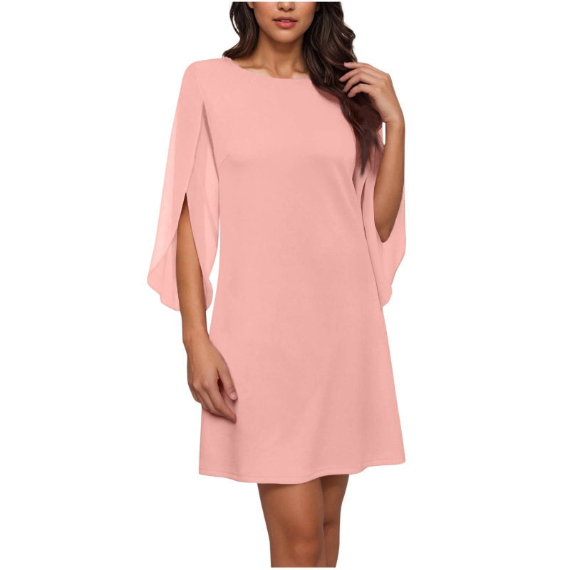👗Robe courte femme élégante col rond, manches cape fendues fluides, coupe droite unie pour cocktail et bureau🍃 Robe décontractée coupe confortable, disponible en grande taille pour toutes silhouettes🔥-50%