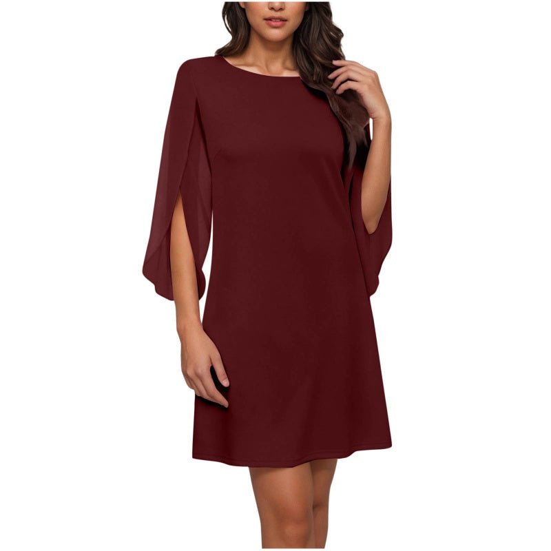 👗Robe courte femme élégante col rond, manches cape fendues fluides, coupe droite unie pour cocktail et bureau🍃 Robe décontractée coupe confortable, disponible en grande taille pour toutes silhouettes🔥-50%
