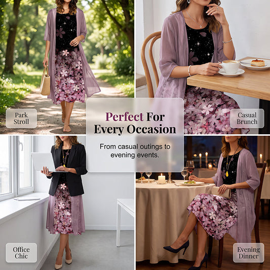 ✨Ensemble 2 Pièces Femme Robe Midi Imprimé Floral + Gilet Long Transparent Manches 3/4🔥femme confortable