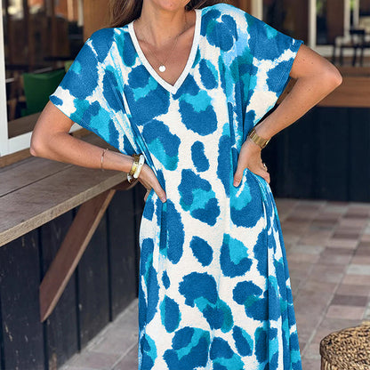 Robe décontractée à col en V et imprimé léopard pour femme