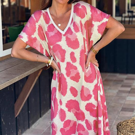 Robe décontractée à col en V et imprimé léopard pour femme