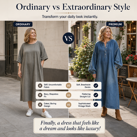 Robe longue en denim femme coupe oversize, encolure boutonnée demi-poitrine, manches lanternes bouffantes avec poches latérales🍃 Coupe ample sans contrainte