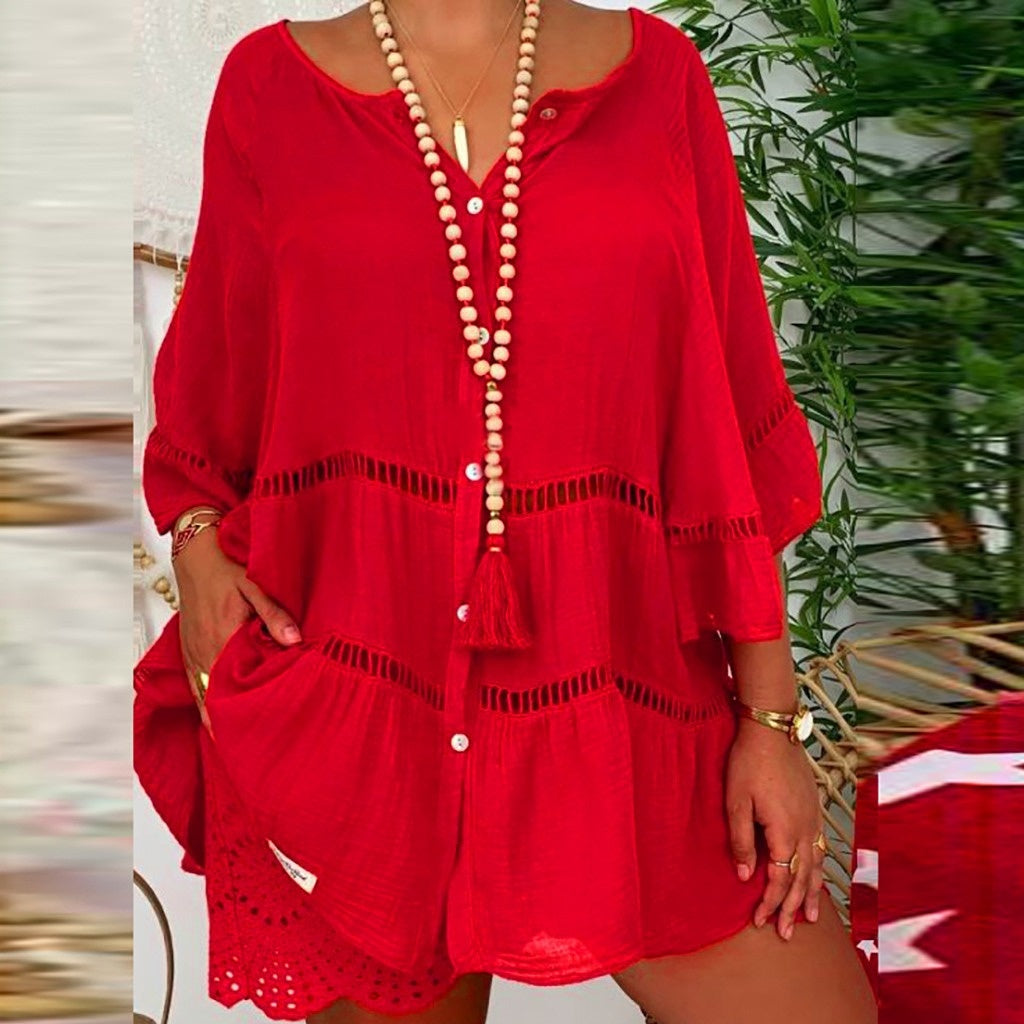 Robe courte décontractée femme à encolure V ajourée, manches volants, découpes perforées et poches latérales🔥-57%🍃 Coupe ample sans contrainte, plusieurs coloris unis polyvalents