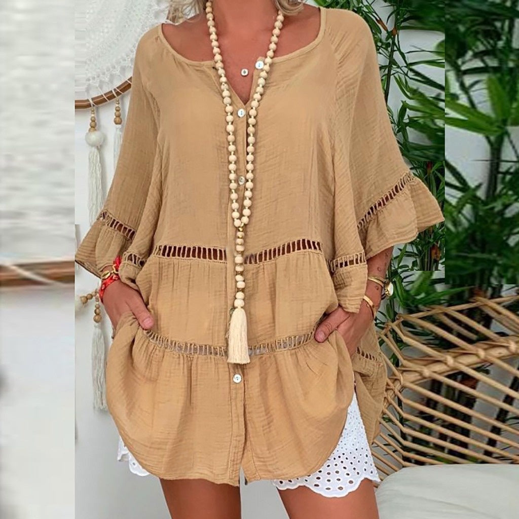 Robe courte décontractée femme à encolure V ajourée, manches volants, découpes perforées et poches latérales🔥-57%🍃 Coupe ample sans contrainte, plusieurs coloris unis polyvalents