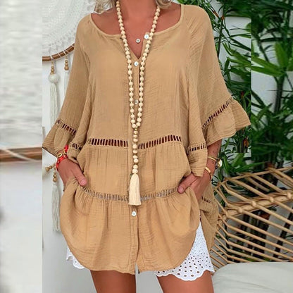 Robe courte décontractée femme à encolure V ajourée, manches volants, découpes perforées et poches latérales🔥-57%🍃 Coupe ample sans contrainte, plusieurs coloris unis polyvalents