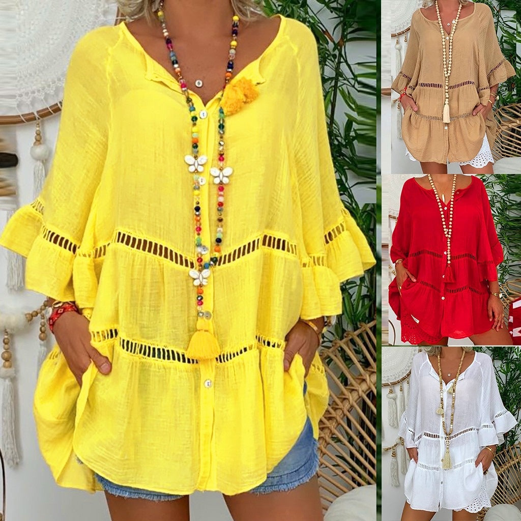 Robe courte décontractée femme à encolure V ajourée, manches volants, découpes perforées et poches latérales🔥-57%🍃 Coupe ample sans contrainte, plusieurs coloris unis polyvalents