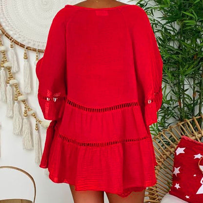 Robe courte décontractée femme à encolure V ajourée, manches volants, découpes perforées et poches latérales🔥-57%🍃 Coupe ample sans contrainte, plusieurs coloris unis polyvalents