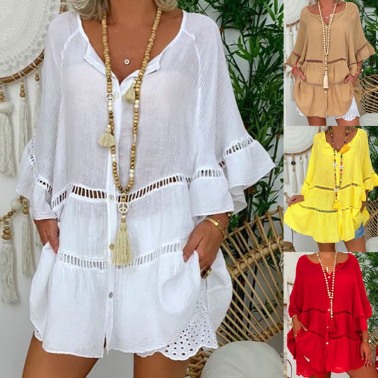 Robe courte décontractée femme à encolure V ajourée, manches volants, découpes perforées et poches latérales🔥-57%🍃 Coupe ample sans contrainte, plusieurs coloris unis polyvalents