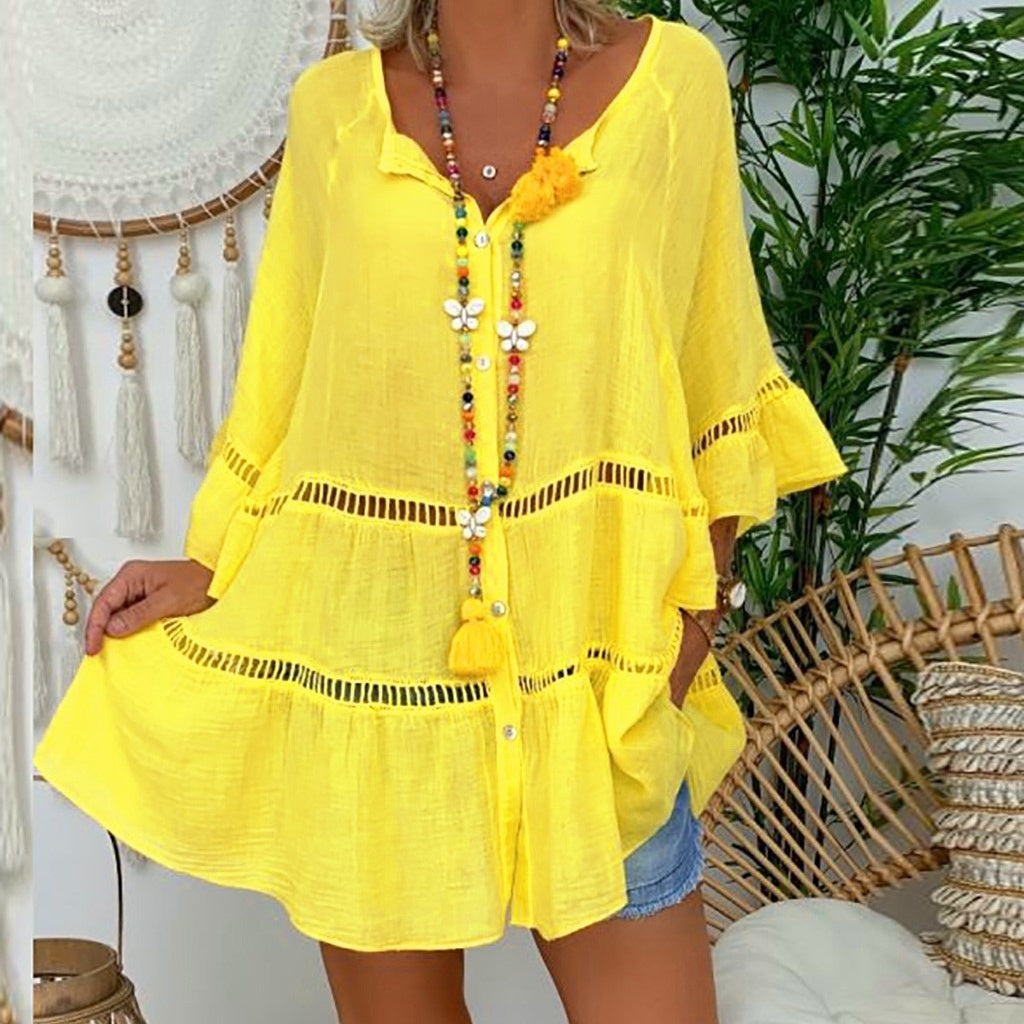 Robe courte décontractée femme à encolure V ajourée, manches volants, découpes perforées et poches latérales🔥-57%🍃 Coupe ample sans contrainte, plusieurs coloris unis polyvalents
