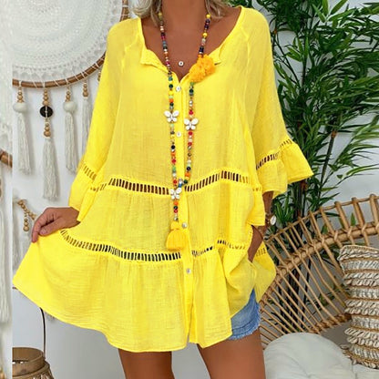 Robe courte décontractée femme à encolure V ajourée, manches volants, découpes perforées et poches latérales🔥-57%🍃 Coupe ample sans contrainte, plusieurs coloris unis polyvalents