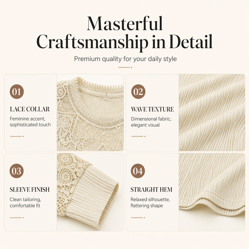 🔥‑50 % 🤍 Top raffiné avec broderie en dentelle, tissu froissé confortable