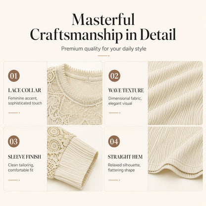🔥‑50 % 🤍 Top raffiné avec broderie en dentelle, tissu froissé confortable