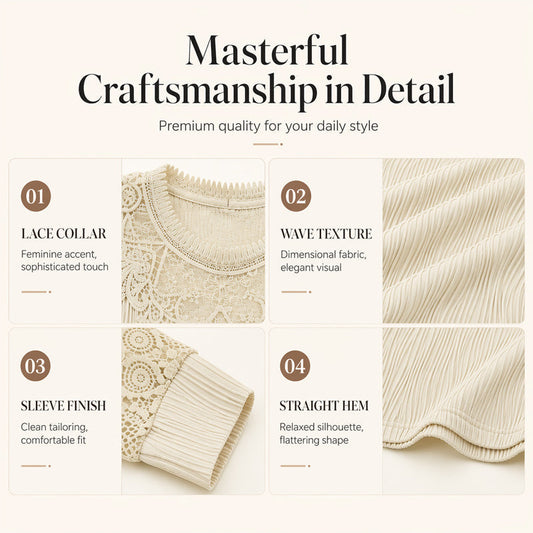 🔥‑50 % 🤍 Top raffiné avec broderie en dentelle, tissu froissé confortable