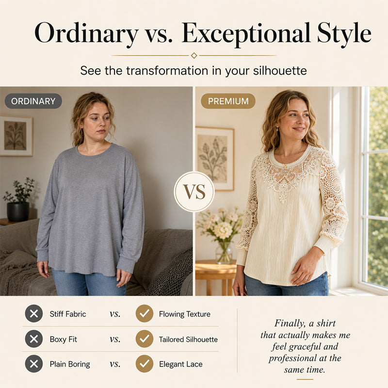 🔥‑50 % 🤍 Top raffiné avec broderie en dentelle, tissu froissé confortable
