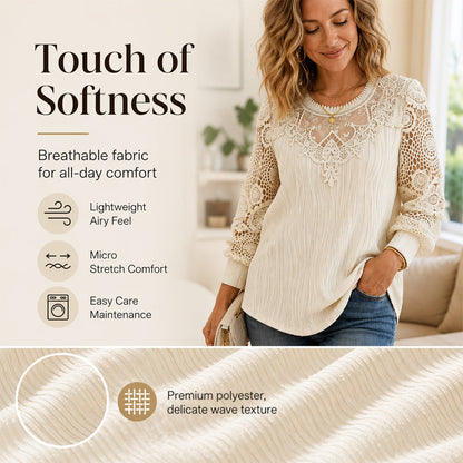 🔥‑50 % 🤍 Top raffiné avec broderie en dentelle, tissu froissé confortable